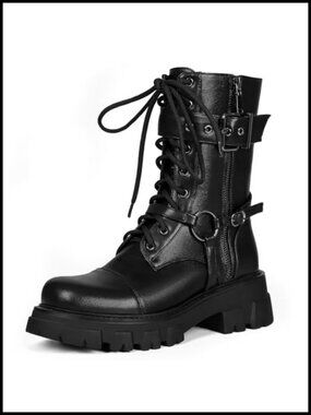 Women Harness Motorcycle Biker Boots Chunky Mid Calf Combat Boots Lug Sole